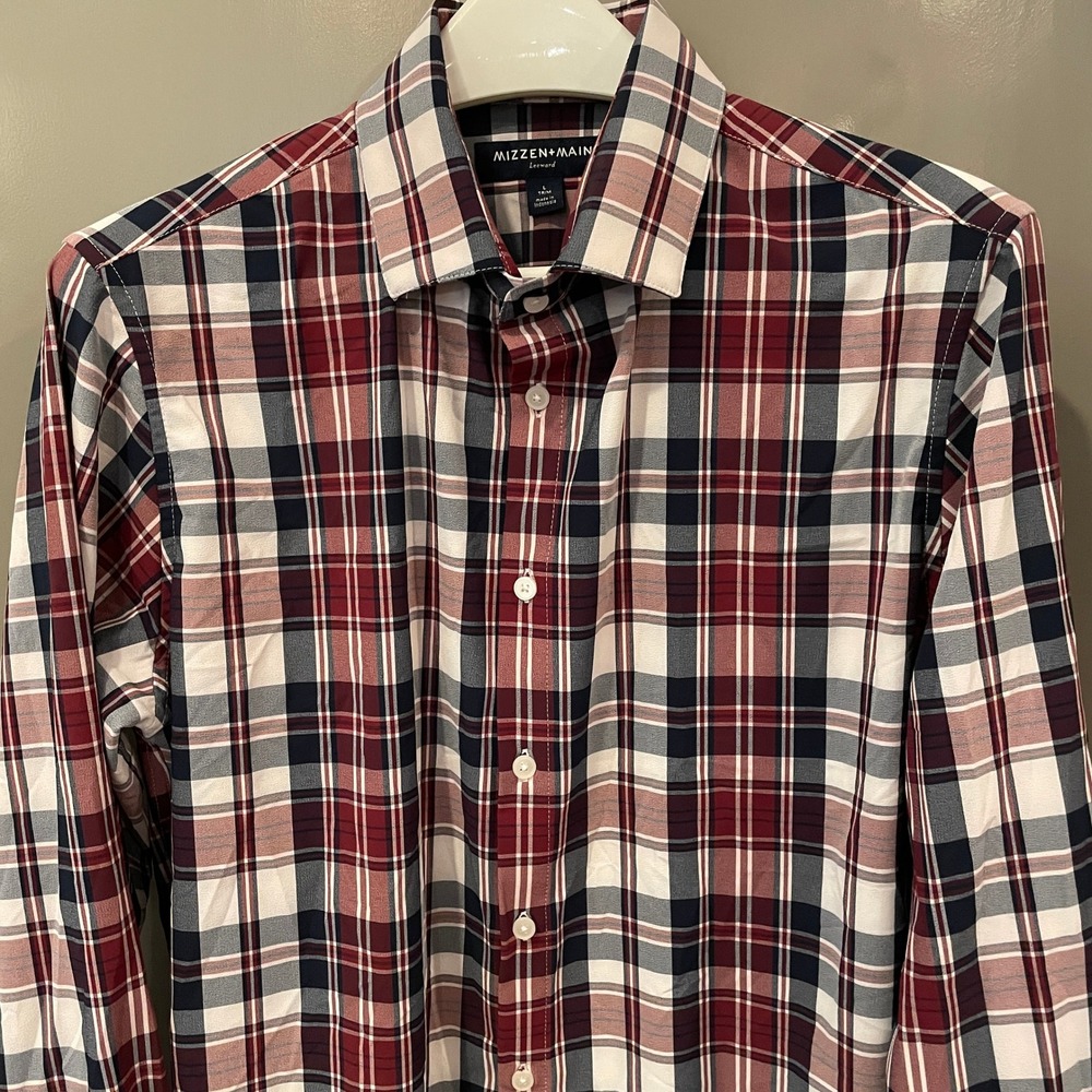 Mizzen+Main Leeward Trim Fit Dress Shirt Mens Large Red Navy Blue Plaid Stretch